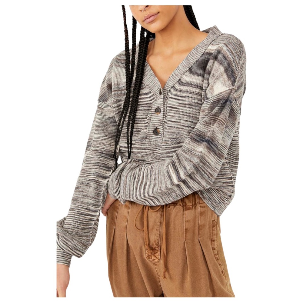 Free People Marble Ribbed Button Sweater Mercury Henley Black 0122